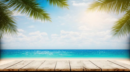 Wooden table top on blur tropical beach background - can be used for display or montage your productsの写真素材