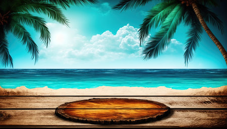 Tropical beach with palm trees and wooden table. Vector illustrationの写真素材