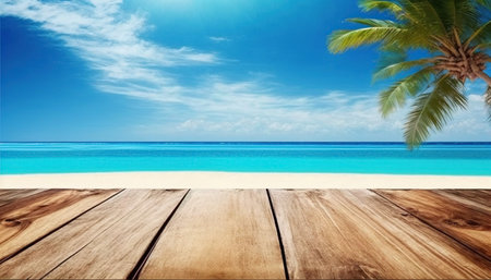 Wood table top on tropical beach background with palm tree and blue skyの写真素材