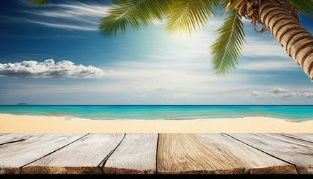 Wood table top on tropical beach background - can be used for display or montage your productsの写真素材