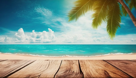 Wooden floor against seascape with palm trees and blue skyの写真素材
