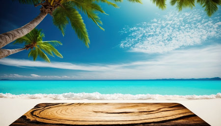 Wooden table and coconut tree on sandy beach with blue sky backgroundの写真素材