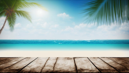 Wooden table top on blur tropical beach background with palm tree and sea.の写真素材