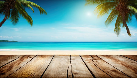 Wooden deck table on tropical beach background. Summer vacation and travel conceptの写真素材