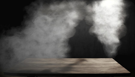 Wooden table with smoke on black background. Mock up for designの写真素材