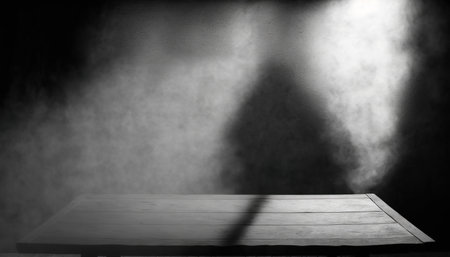Wooden table and shadow on the wall. Black and white photo.の写真素材