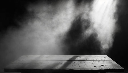 Empty wooden table and foggy background. Black and white image.の写真素材