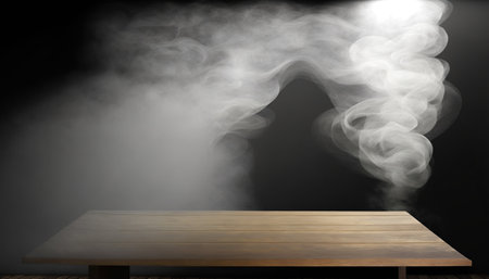 Wooden table with smoke on black background. Mock up, 3D Renderingの写真素材