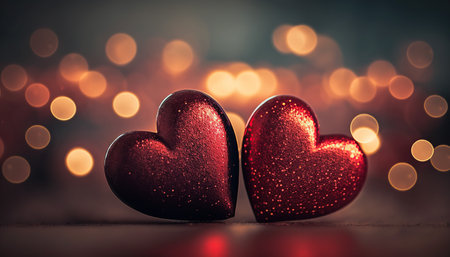 Two red hearts on a bokeh background. Valentine's Dayの写真素材