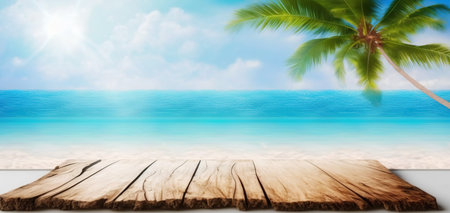 Wooden table top on tropical beach with palm tree and sea backgroundの写真素材