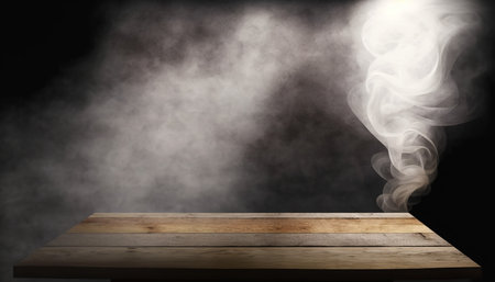 Wooden table and smoke on black background. Mock up for designの写真素材
