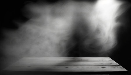 Wooden table top on black background with smoke. Black and whiteの写真素材