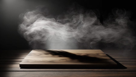 Wooden table and smoke on a black background. Selective focus.の写真素材