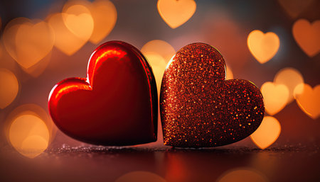 Valentines day background with two red hearts on bokeh backgroundの写真素材