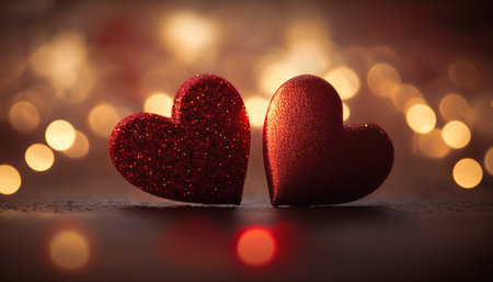 Two red hearts on bokeh background. Valentines day cardの写真素材
