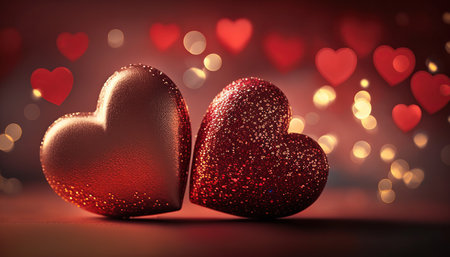 Two red hearts with bokeh background. Valentines day conceptの写真素材