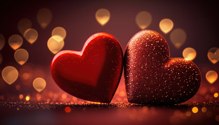 Valentines day background with red hearts and bokeh lightsの写真素材