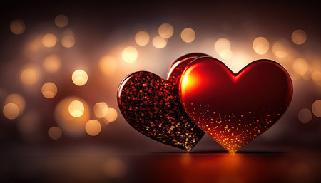 Valentine's day background with two hearts and bokeh lightsの写真素材