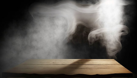 Wooden table and smoke on a black background, with copy spaceの写真素材