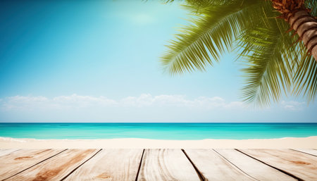 Tropical beach with palm tree and wooden floor against blue skyの写真素材