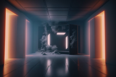 Futuristic corridor with neon lights and smoke. 3D Renderingの写真素材