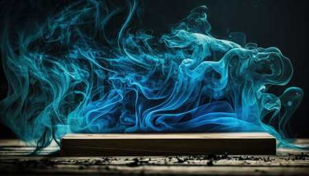 Blue smoke from the incense sticks on a wooden table. Backgroundの写真素材