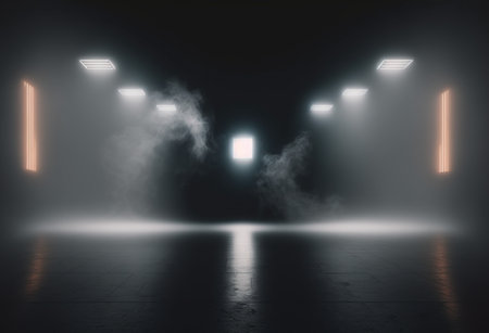 Empty dark room with lights and smoke. 3d rendering mock upの写真素材