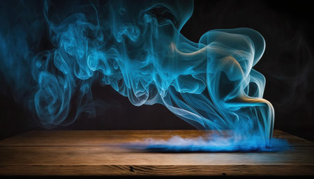 Blue smoke from incense stick on a wooden table. Background.の写真素材
