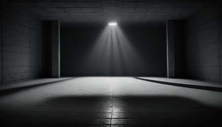 Dark empty room with light beam. 3D rendering. Glowing background.の素材