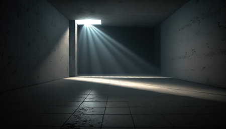 3d rendering of an empty room with a light coming from the ceilingの素材
