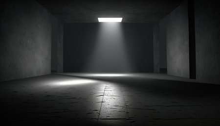 Dark empty room with floor and light. 3D rendering image.の素材