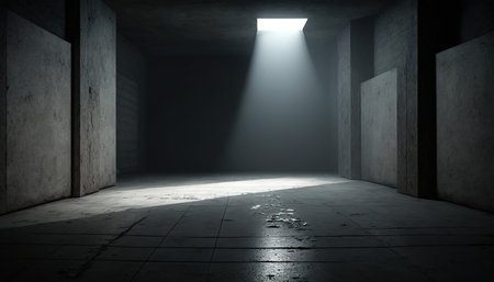 Dark empty room with light and concrete floor. 3D rendering.の素材