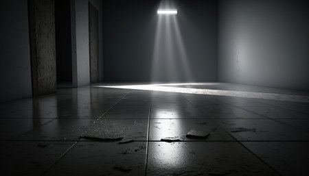 Dark empty room with floor and light coming from the ceiling. 3D renderingの素材