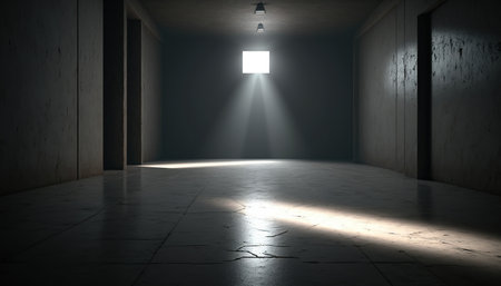 3D rendering of an empty room with a light in the middleの素材