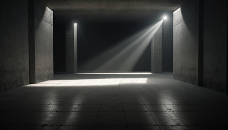 3D rendering of an empty room with spotlights in the darkの素材