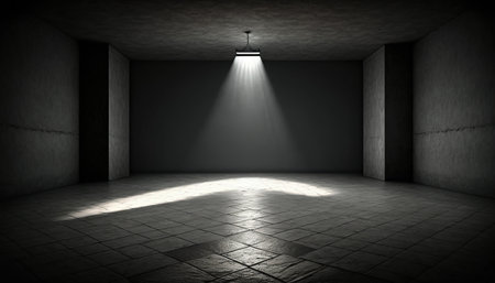 3D rendering of an empty room with a spotlight in the middleの素材
