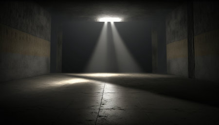 3D rendering of an empty dark room with a light coming from the ceilingの素材