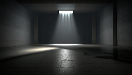 Empty dark room with bright spotlights. 3d render illustration.の素材