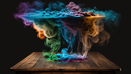 Colorful cloud of smoke on a wooden table. Abstract background.の写真素材