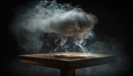 Wooden table and cloud of smoke on black background. 3d renderingの写真素材