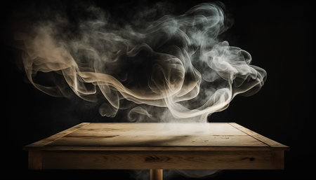 Smoke coming out of a wooden table on a black background.の写真素材