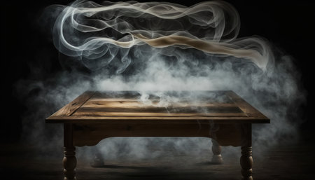 Wooden table and smoke on dark background. Selective focus.の写真素材