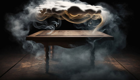 Wooden table with cloud and smoke on dark background. Selective focus.の写真素材