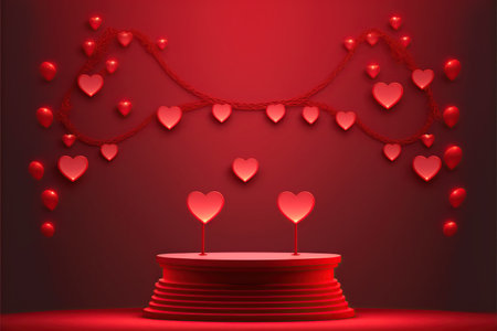 Valentines day background with red hearts and podium. Vector illustrationの写真素材