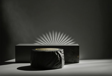 3d render of black podium for product presentation with rays of lightの写真素材