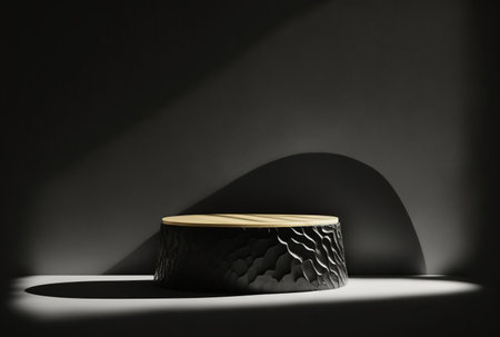 3d render of black podium for product presentation with shadow on the wallの写真素材