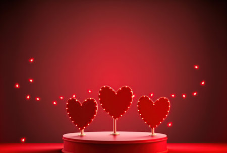 Valentine's day background with red hearts and podium. Vector illustration.の写真素材