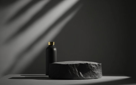 3d render of black cosmetic bottle on stone podium for product presentationの写真素材