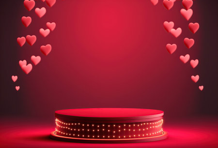 Valentine's day background with red podium and hearts. Vector illustrationの写真素材