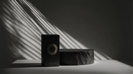 3d rendering of a black background with a podium and a bookの写真素材